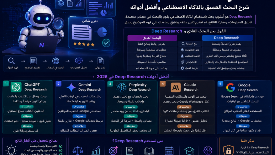 ما هو Deep Research؟ شرح البحث العميق بالذكاء الاصطناعي وأفضل أدواته 2026
